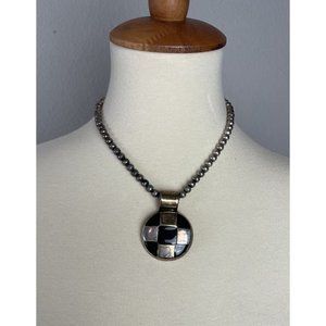 Vintage Geometric Circle Cross Necklace Black and Silver Beaded Chain Chunky